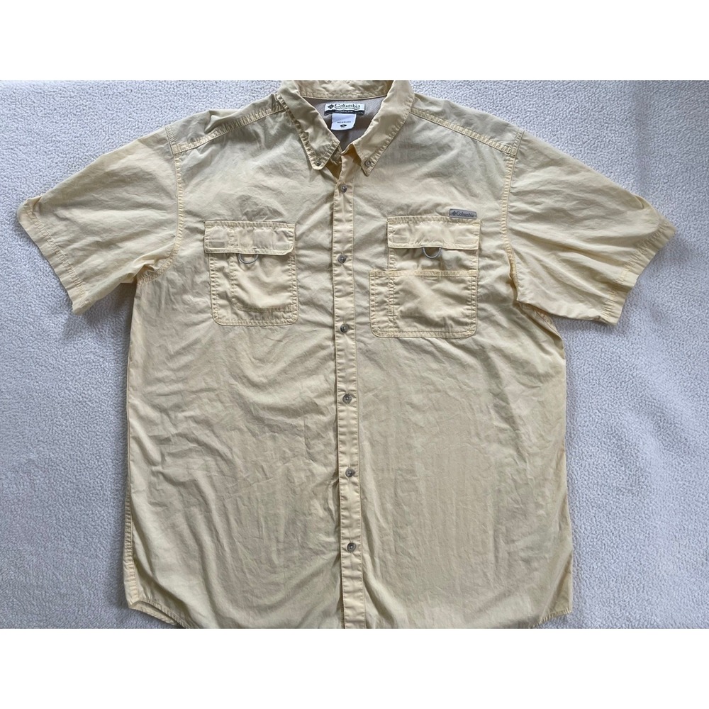 Columbia Mens XL Button Down Shirt Yellow Short Sleeve Cotton Utility XM7535